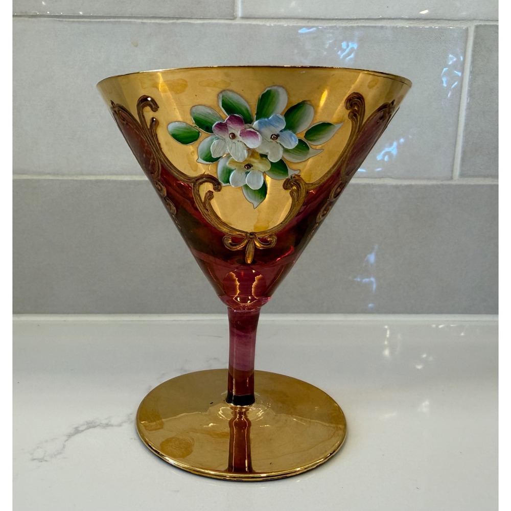 Vtg Murano‎ Cranberry Glass Gold 3D Enamel Floral Martini Goblet Venetian Glass